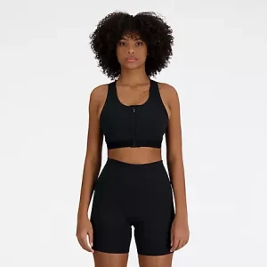 NEW BALANCE SLEEK MEDIUM SUPPORT POCKET ZIP BRA BLACK